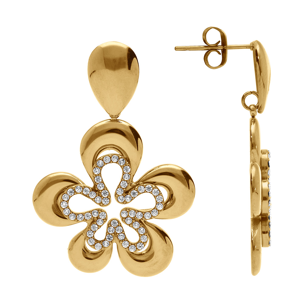Boucles d\'oreille tige en acier dor� fleur avec oxydes blancs - Vue 2