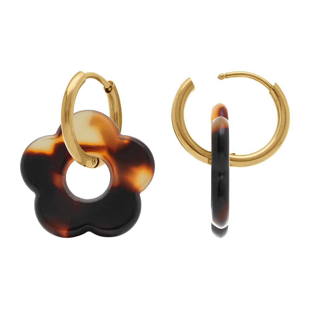 Cr�oles en acier dor� 15mm articul�e fleur en r�sine �caille de tortue marron - Vue 2