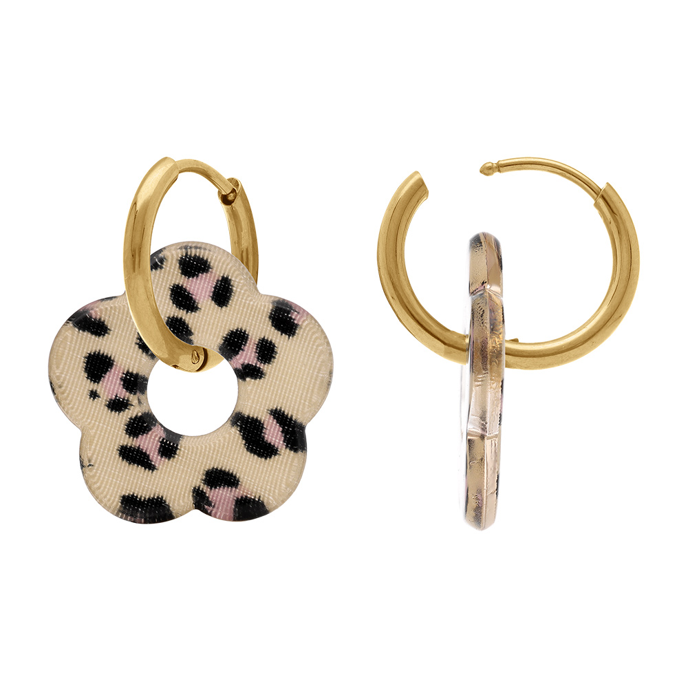 Cr�oles en acier dor� 15mm articul�e fleur en r�sine l�opard clair - Vue 2