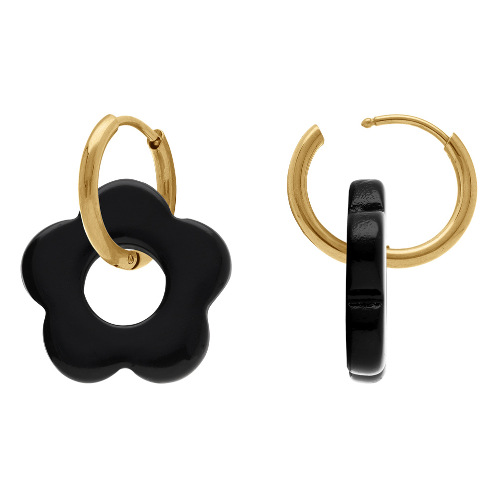 Cr�oles en acier dor� 15mm articul�e fleur en r�sine noire - Vue 2