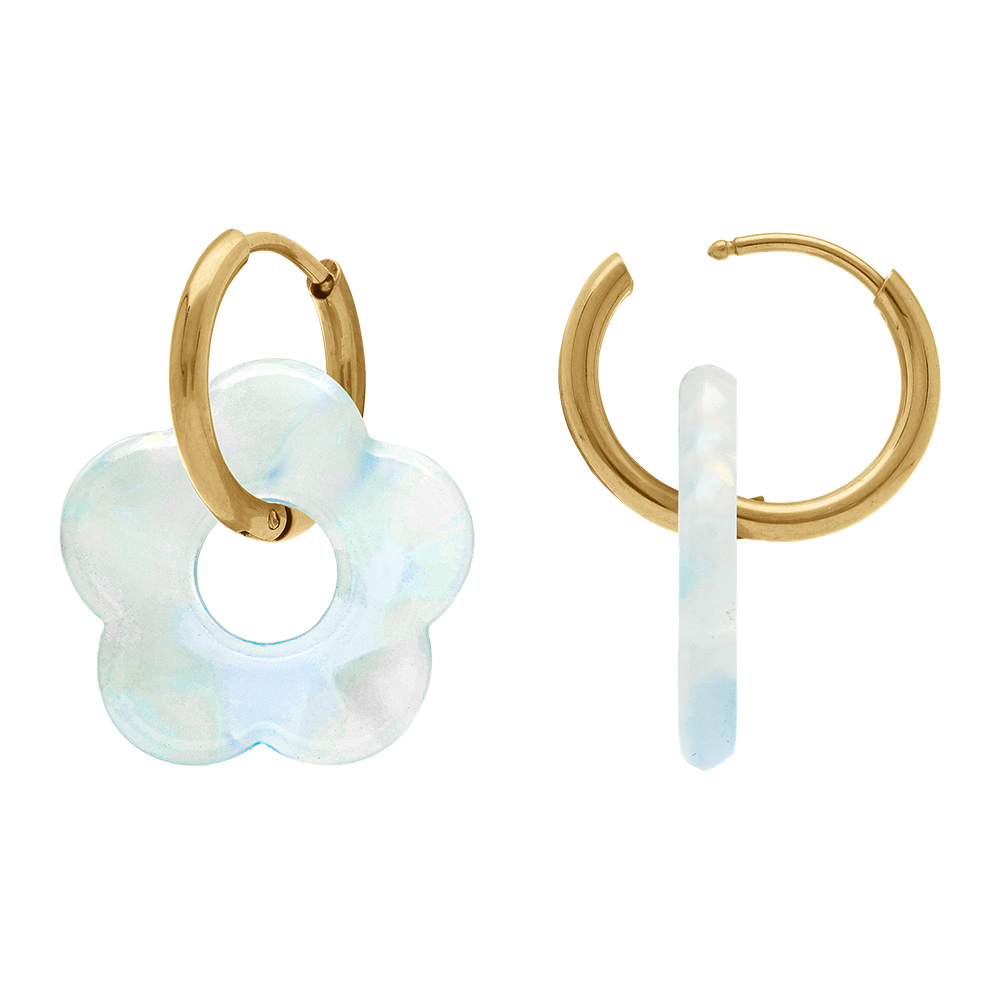 Cr�oles en acier dor� 15mm articul�e fleur en r�sine bleu ciel effet nacr� - Vue 2