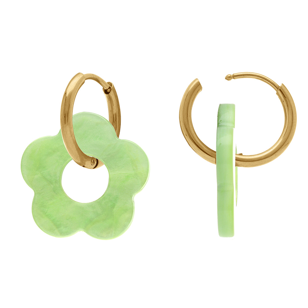Cr�oles en acier dor� 15mm articul�e fleur r�sine vert clair effet nacr� - Vue 2