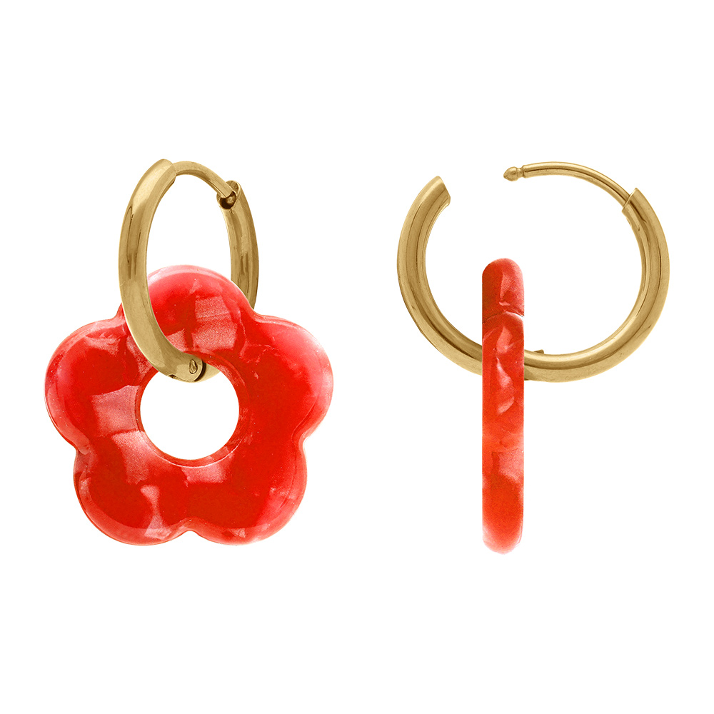 Cr�oles en acier dor� 15mm articul�e fleur r�sine rouge effet nacr� - Vue 2