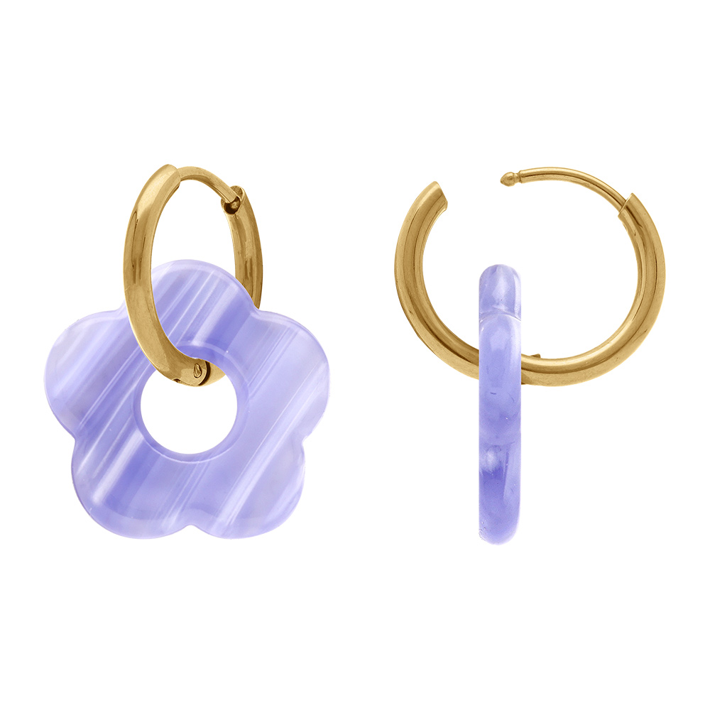 Cr�oles en acier dor� 15mm articul�e fleur r�sine violet effet nacr� - Vue 2