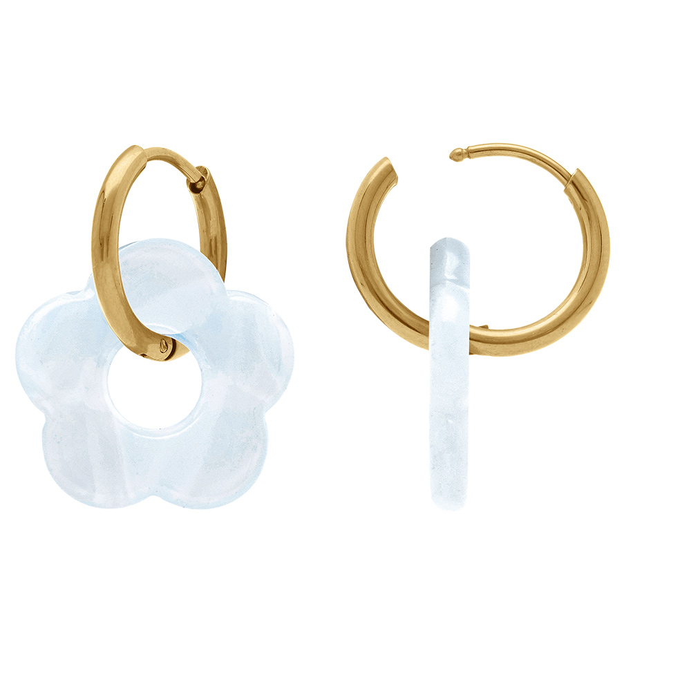 Cr�oles en acier dor� 15mm articul�es avec fleur en r�sine blanche effet nacr� - Vue 2