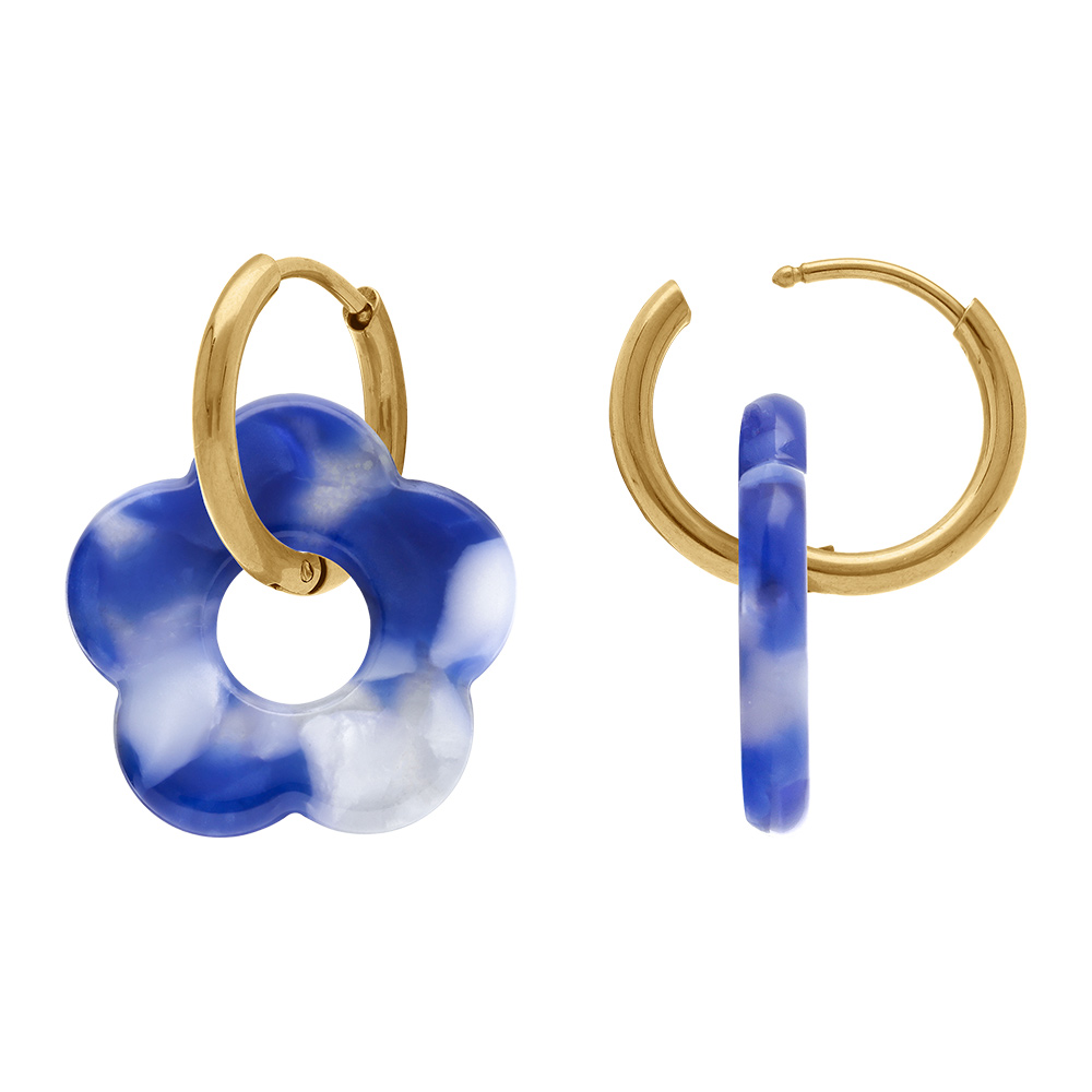 Cr�oles en acier dor� 15mm articul�e fleur en r�sine bleue effet nuanc� - Vue 2