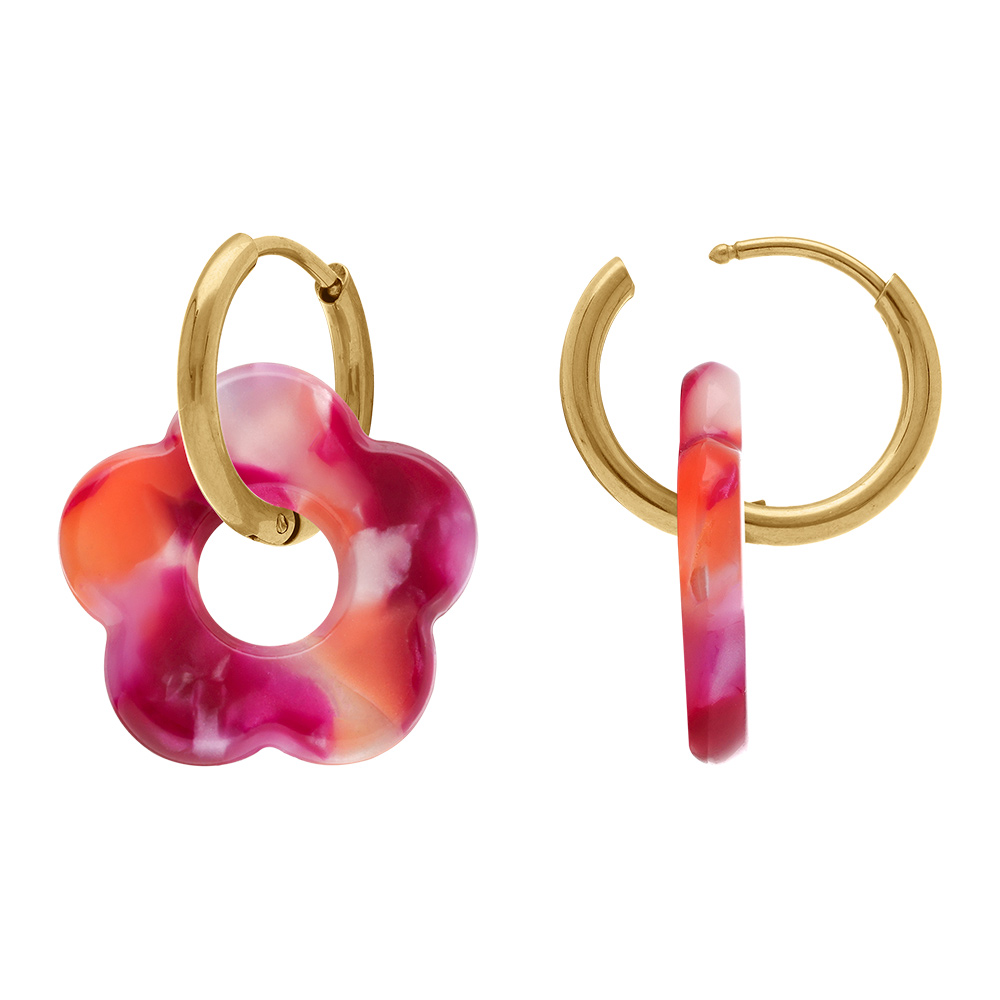 Cr�oles en acier dor� 15mm articul�e fleur en r�sine fuschia effet nuanc� - Vue 2