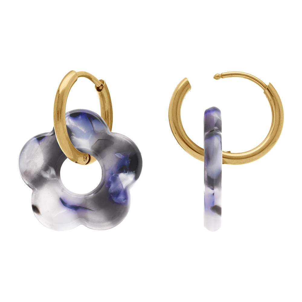 Cr�oles en acier dor� 15mm articul�e fleur en r�sine grise effet nuanc� - Vue 2