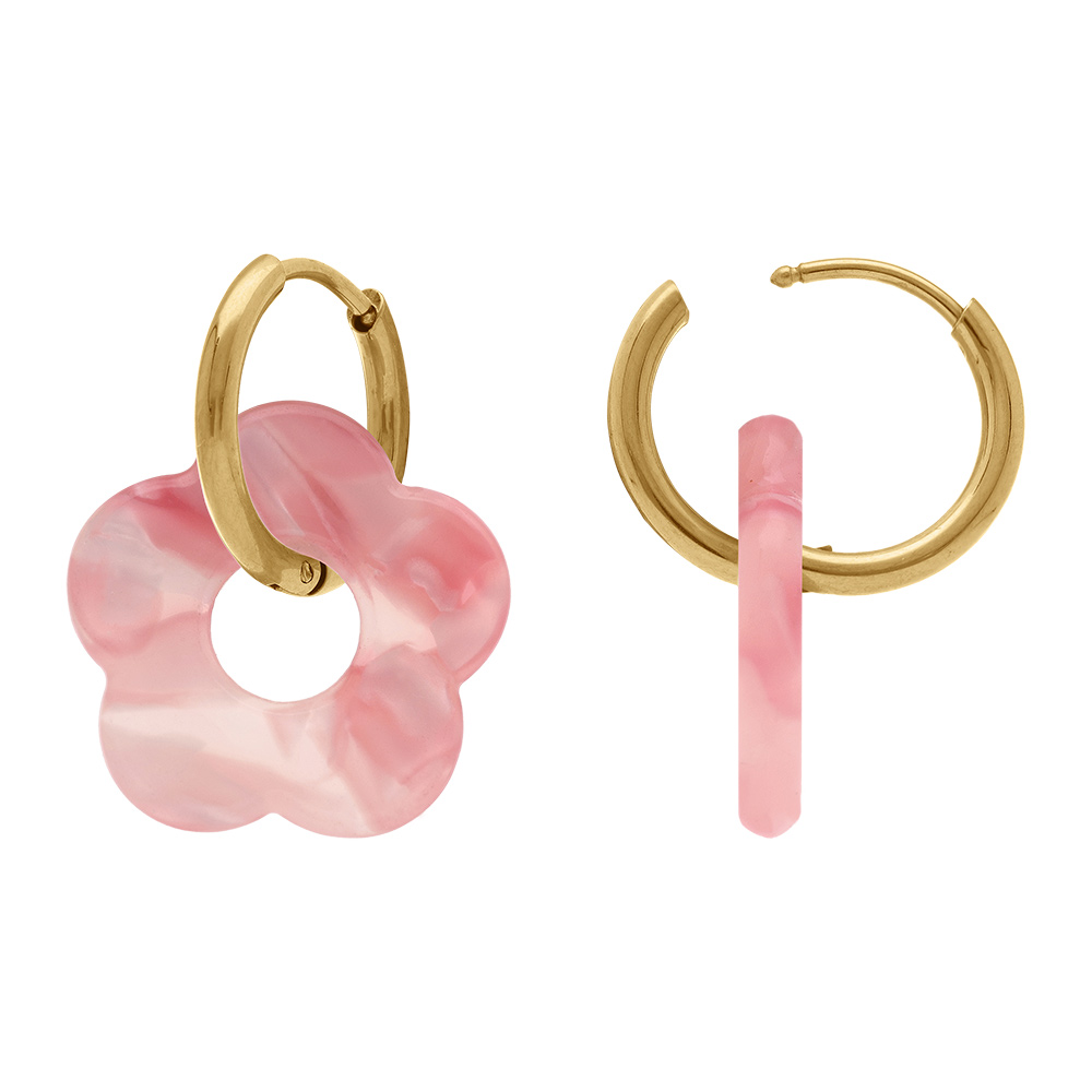 Cr�oles en acier dor� 15mm articul�e fleur en r�sine rose effet nuanc� - Vue 2