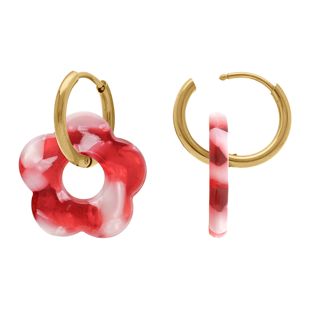 Cr�oles en acier dor� 15mm articul�e fleur r�sine rouge effet nuanc� - Vue 2