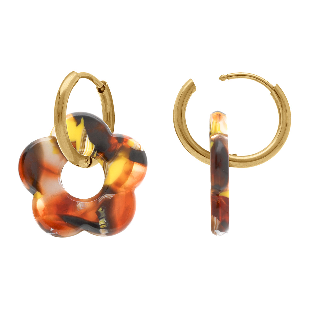 Cr�oles en acier dor� 15mm articul�e fleur r�sine ton maron effet nuanc� - Vue 2