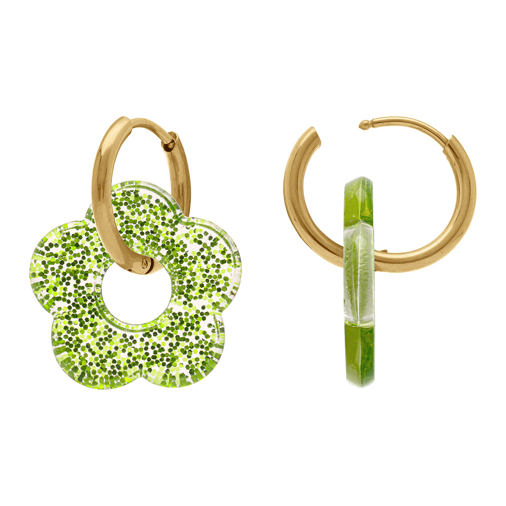 Cr�oles en acier dor� 15mm articul�e fleur r�sine vert paillet� - Vue 2
