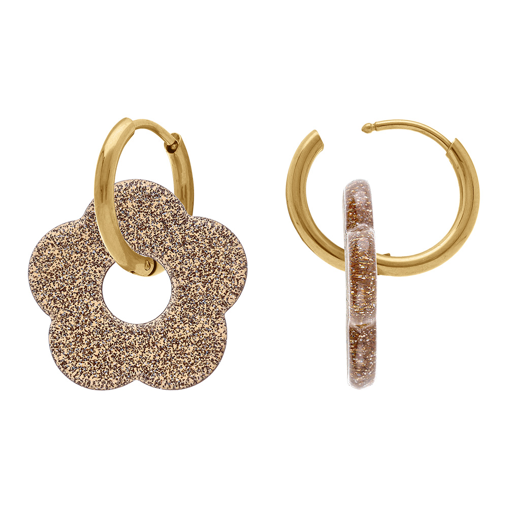 Cr�oles en acier dor� 15mm articul�e fleur en r�sine marron paillet� - Vue 2