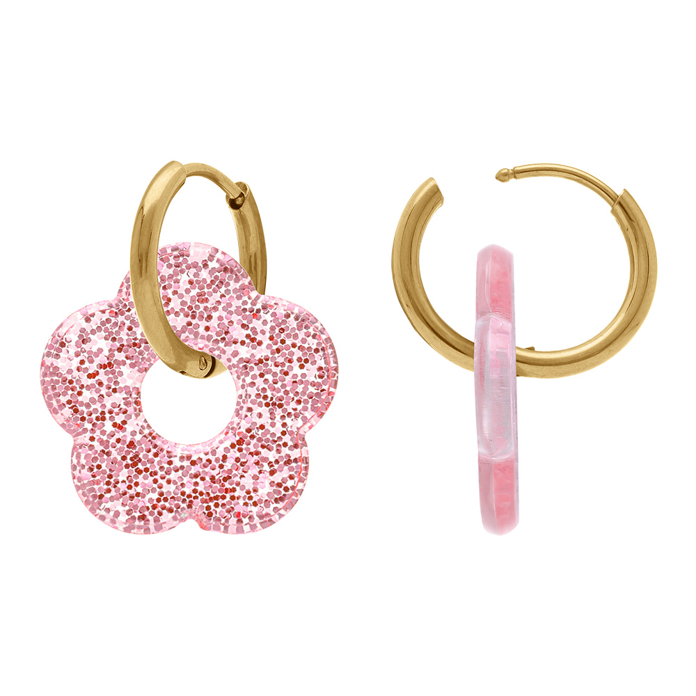 Cr�oles en acier dor� 15mm articul�e fleur r�sine rose paillet�e - Vue 2