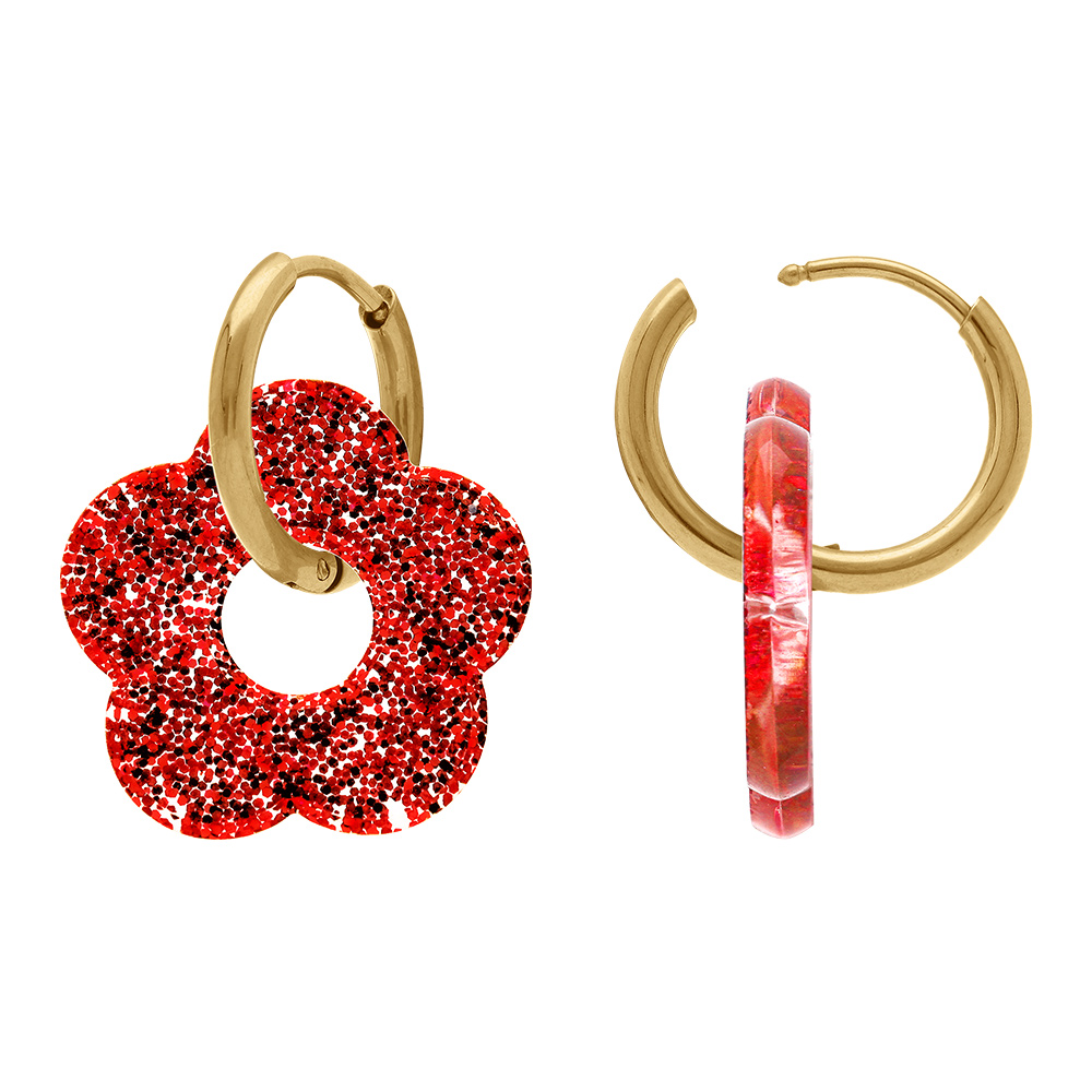 Cr�oles en acier dor� 15mm articul�e fleur r�sine rouge paillet�e - Vue 2