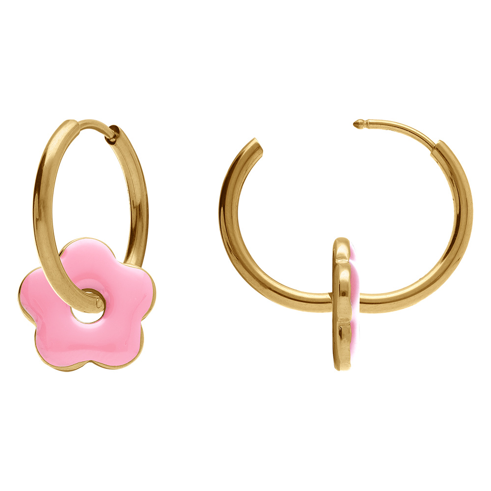 Cr�oles en acier dor� 20mm articul�e fleur r�sine rose brillante - Vue 2