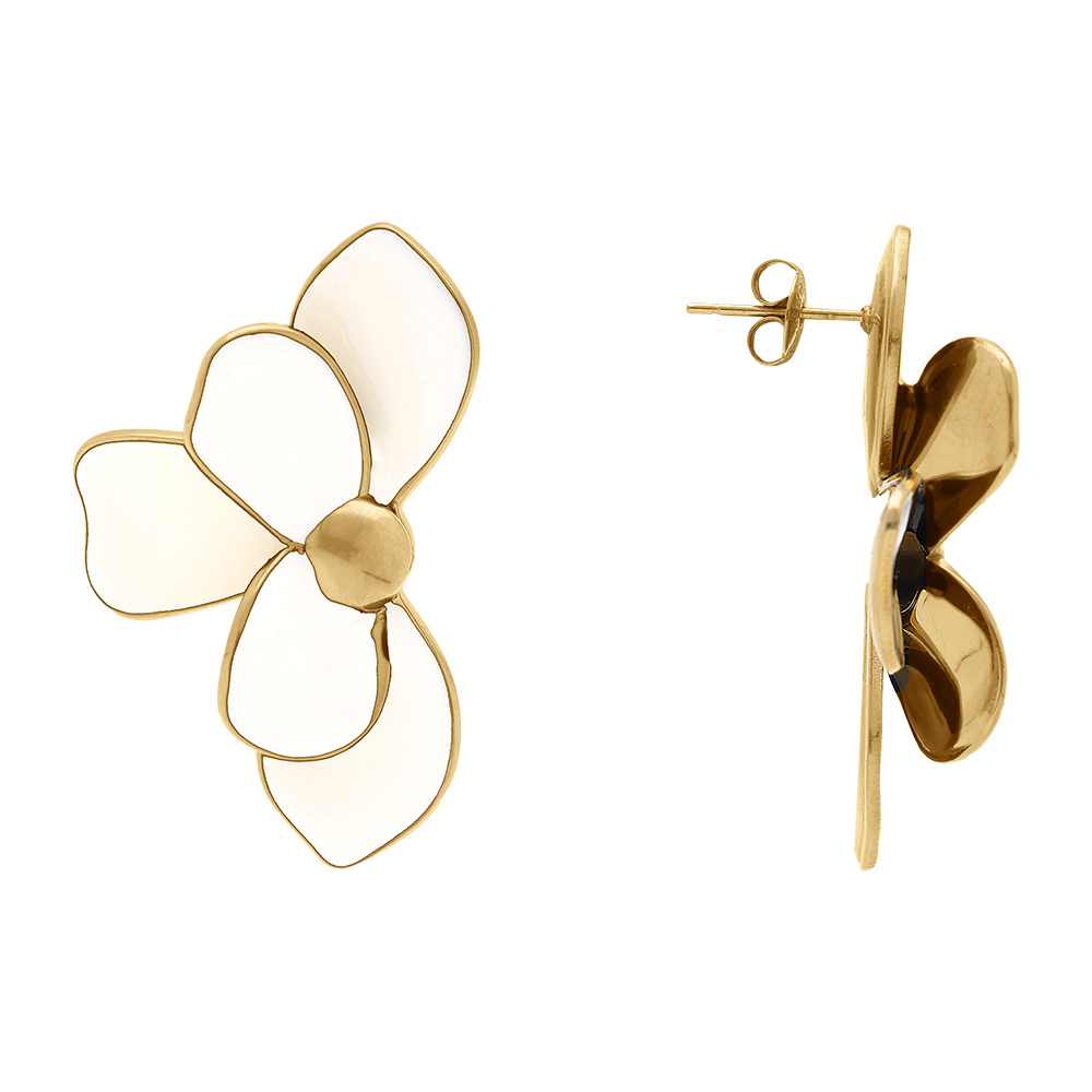 Boucles d\'oreille Stella Mia tige en acier dor�  demi fleur r�sine blanche - Vue 2