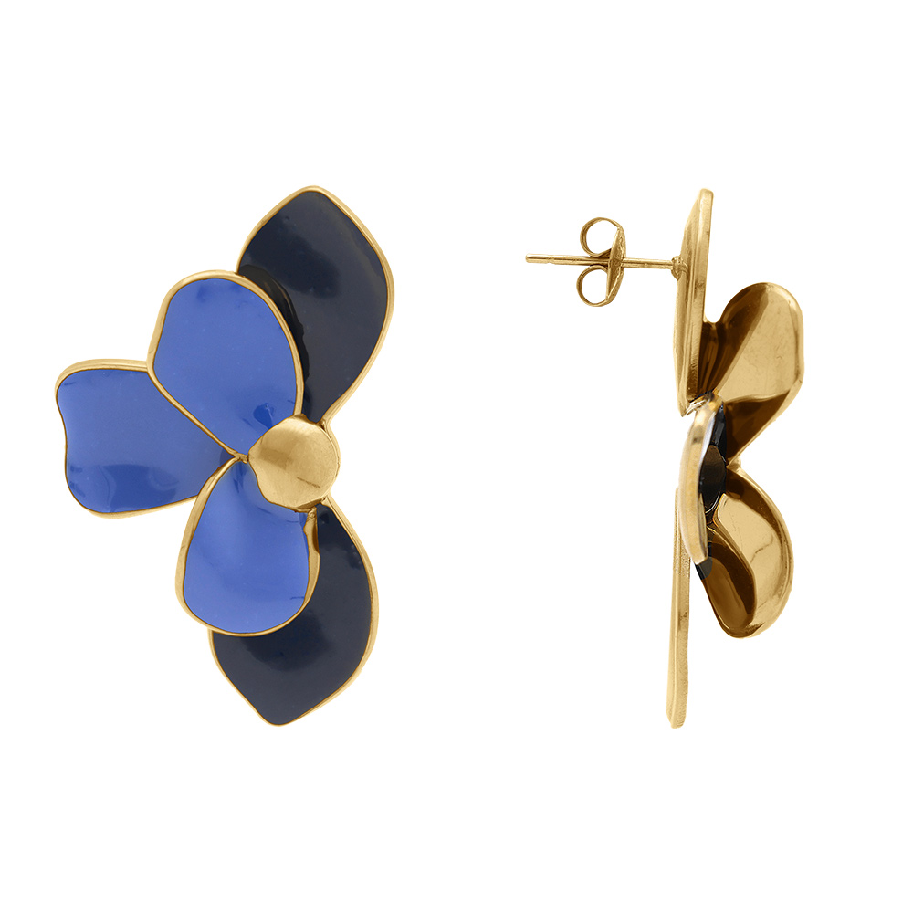 Boucles d\'oreille Stella Mia tige en acier dor� demi fleur r�sine bleu - Vue 2