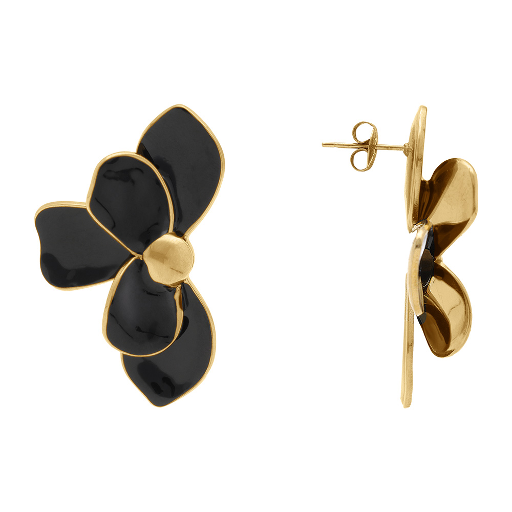 Boucles d\'oreille Stella Miatige en acier dor�  demi fleur r�sine noir - Vue 2