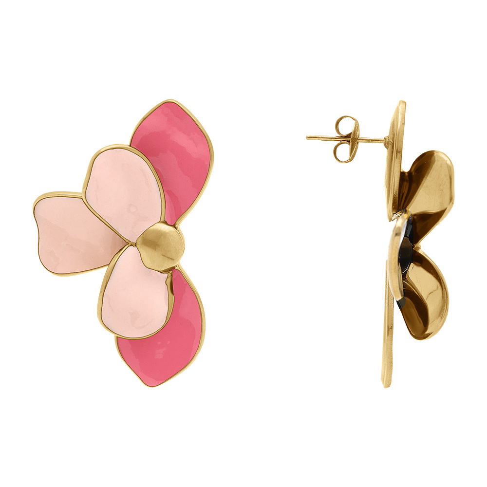 Boucles d\'oreilleStella Mia tige en acier dor�  demi fleur r�sine rose - Vue 2