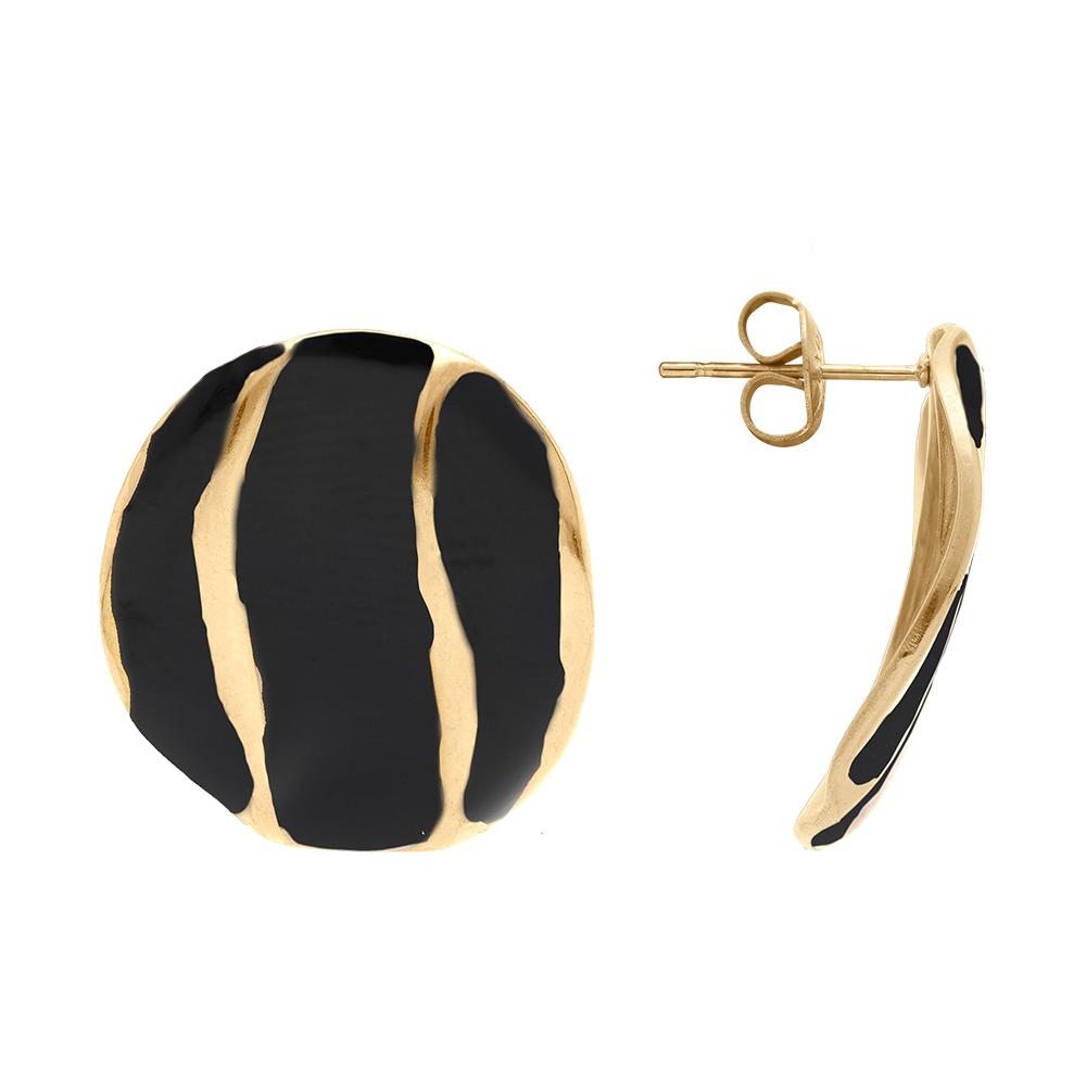 Boucles d\'oreille tige en acier dore ronde 20mm r�sine noire - Vue 2