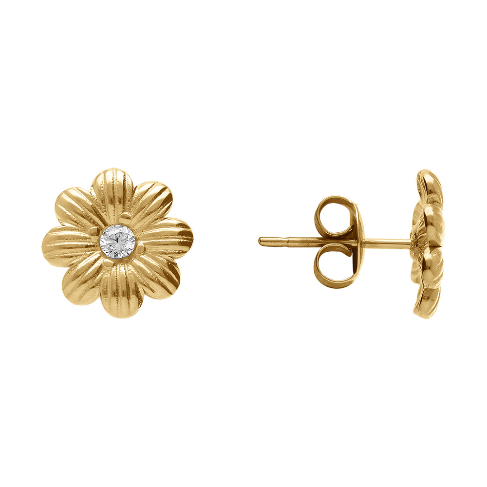 Boucles d\'oreille tige en acier dore fleur avec oxydes blancs sertis - Vue 2