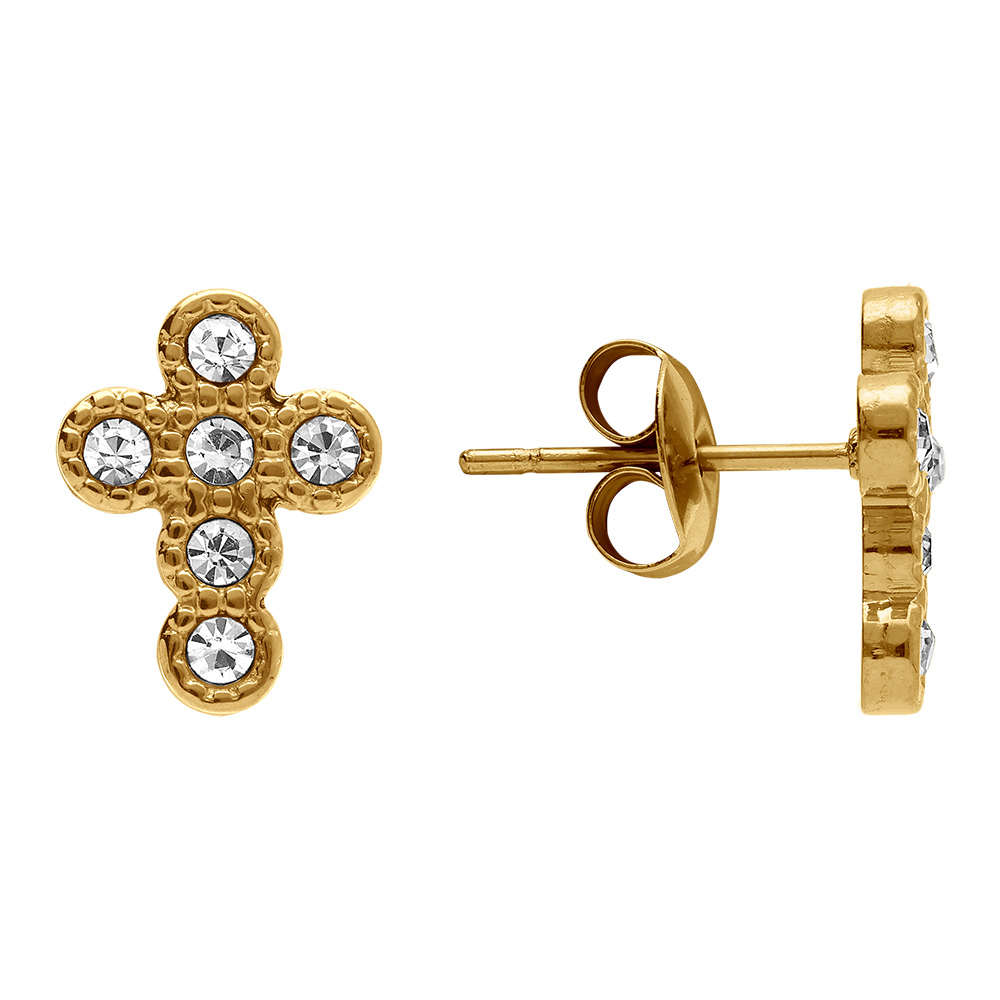 Boucles d\'oreille tige en acier dor� forme croix 13mm avec oxydes blancs sertis - Vue 2