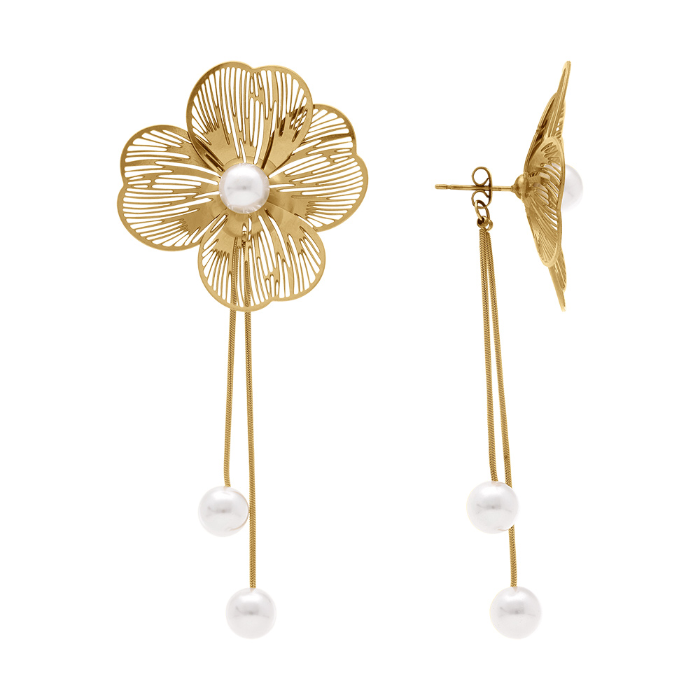 Boucles d\'oreille tige en acier dor� fleur avec perle blanche imitation pendant deux  fils - Vue 2