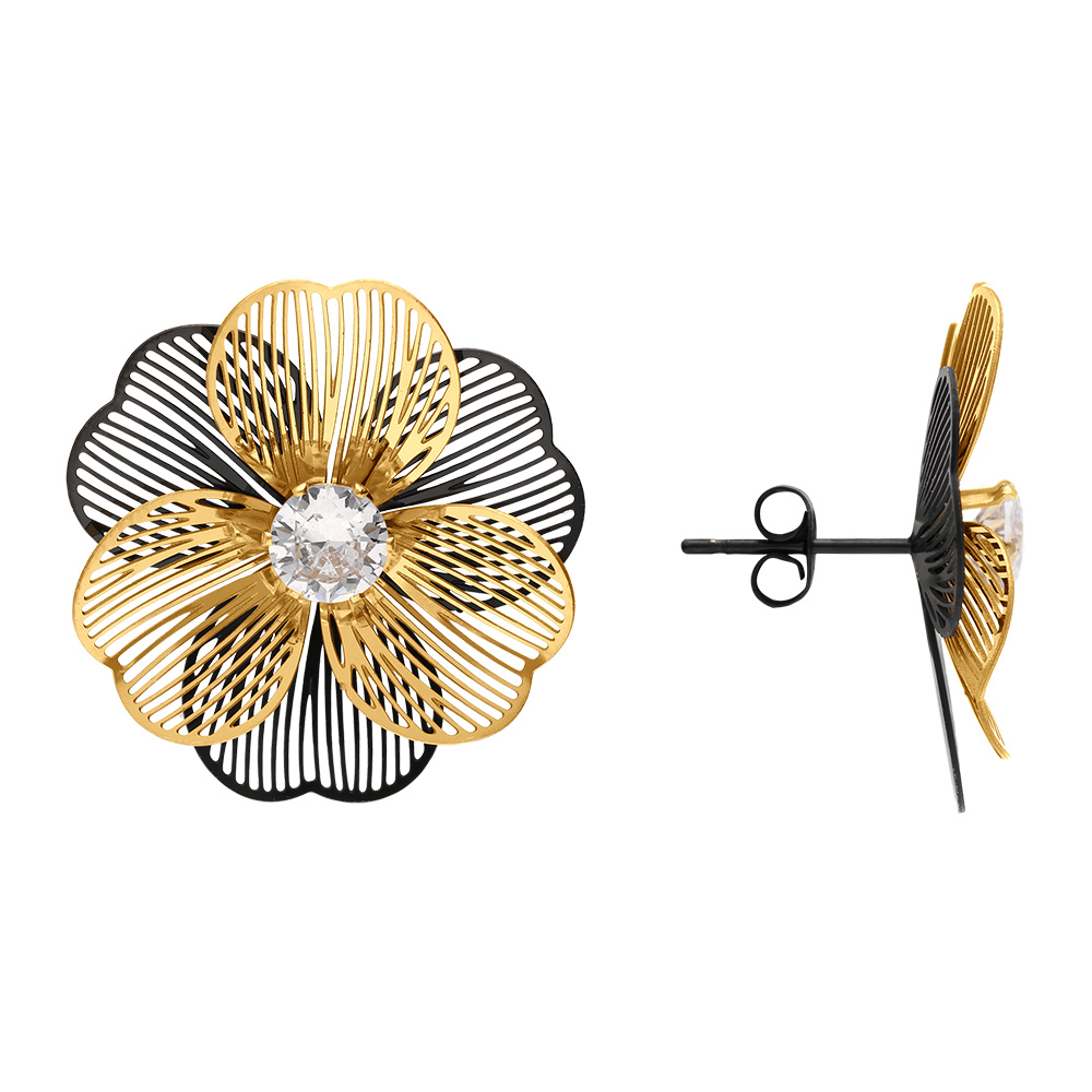Boucles d\'oreille tige en acier dor� fleur dor�es et noires avec oxydes blancs - Vue 2