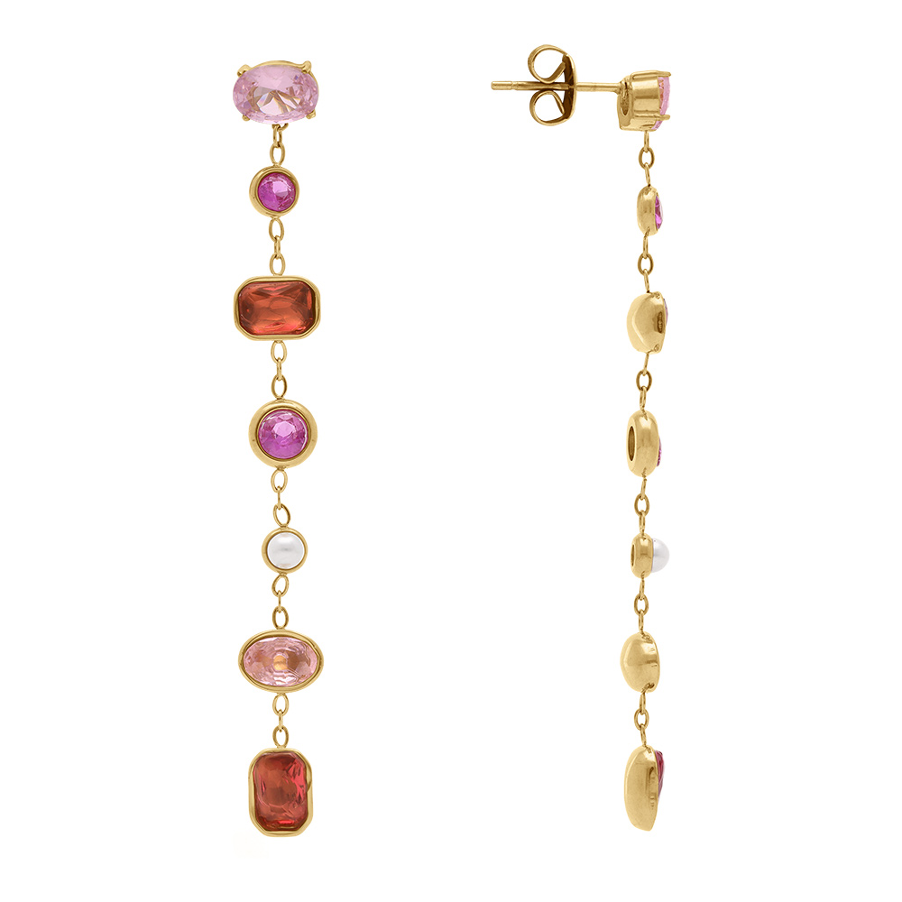 Boucles d\'oreille pendantes en  acier dor� avec oxydes ton rose - Vue 2