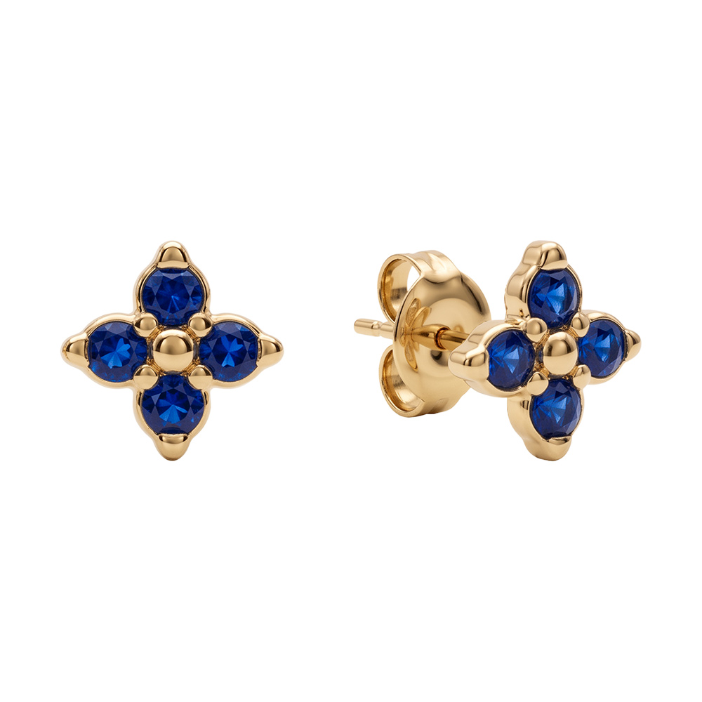 Boucles d\'oreille tige en acier dor� fleur quatre oxydes bleus - Vue 2