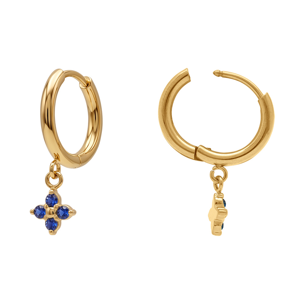 Cr�oles en acier dor� lisses articul�es avec pampille fleur d\'oxydes bleus - Vue 2