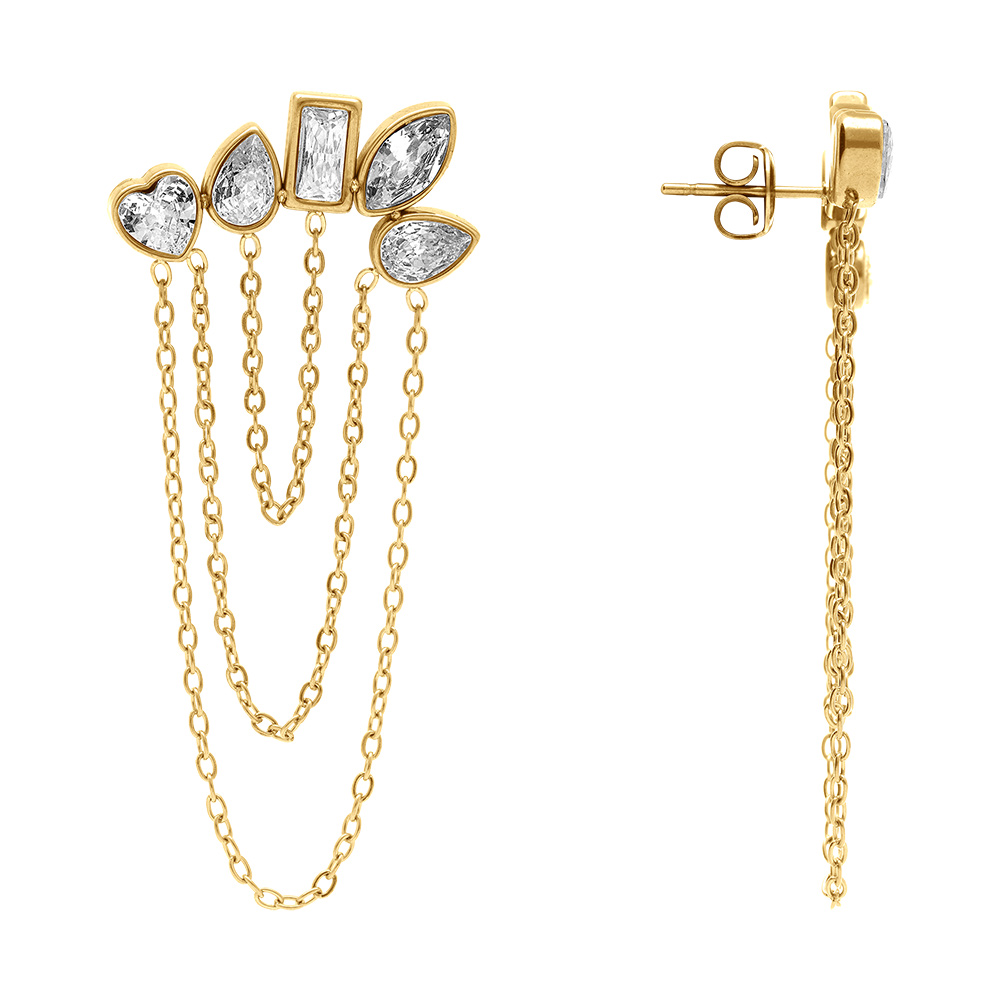 Boucles d\'oreille tige en acier dor� cinq oxydes blancs avec cha�nettes - Vue 2