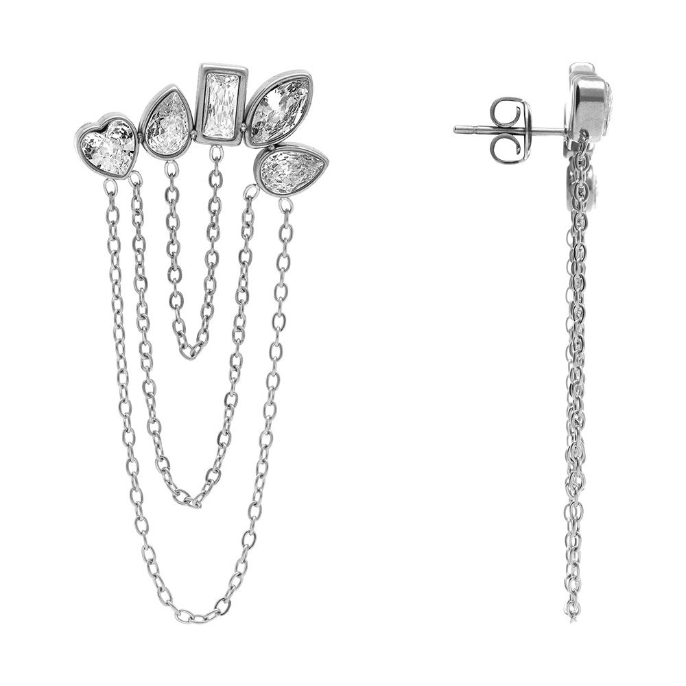 Boucles d\'oreille tige en acier cinq oxydes blancs avec cha�nettes - Vue 2