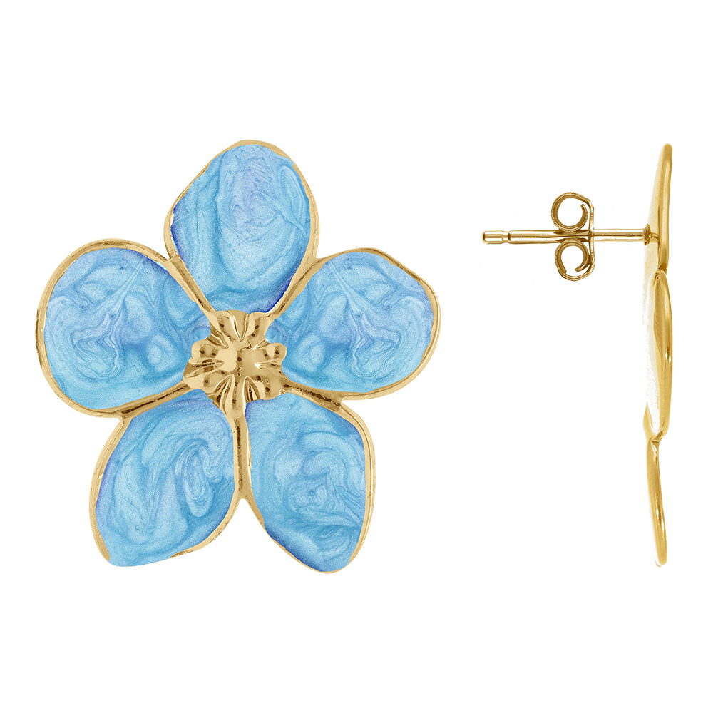 Boucles d\'oreille Stella Mia tige en acier dor�  nacr� bleu ciel fleur 30mm - Vue 2