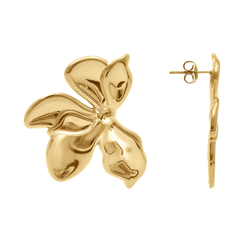 Boucles d\'oreille tige en acier dor� motif fleur - 40mm x 26mm - Vue 2