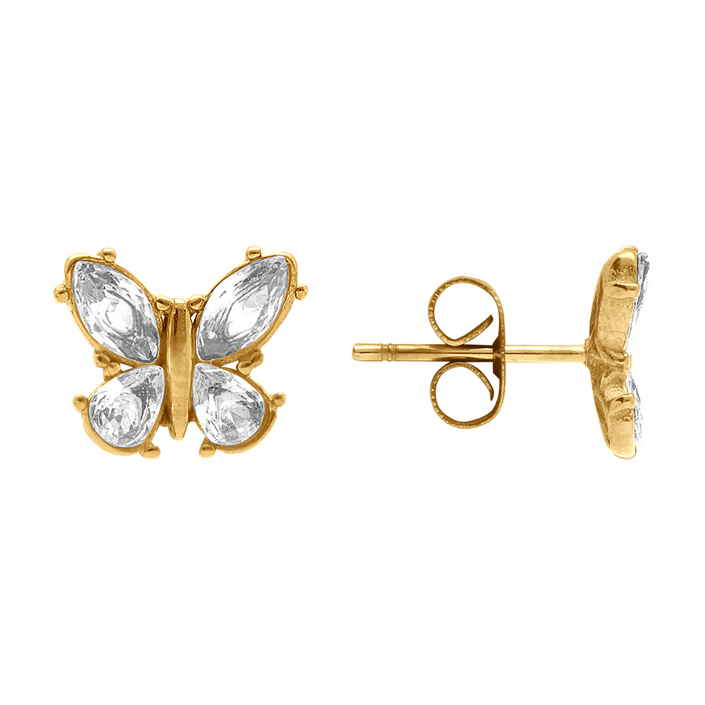 Boucles d\'oreille tige en acier dor� forme papillon avecoxydes blancs sertis - Vue 2