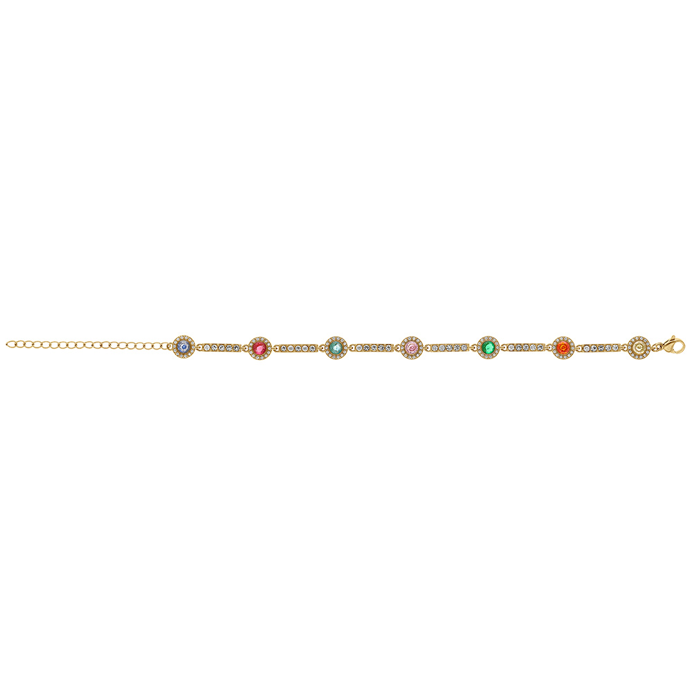 Bracelet en acier dor� avec ronds d\'oxydes color�s entour�s d\'oxydes blancs et de barrettes oxydes blancs - 17.5+5cm - Vue 2