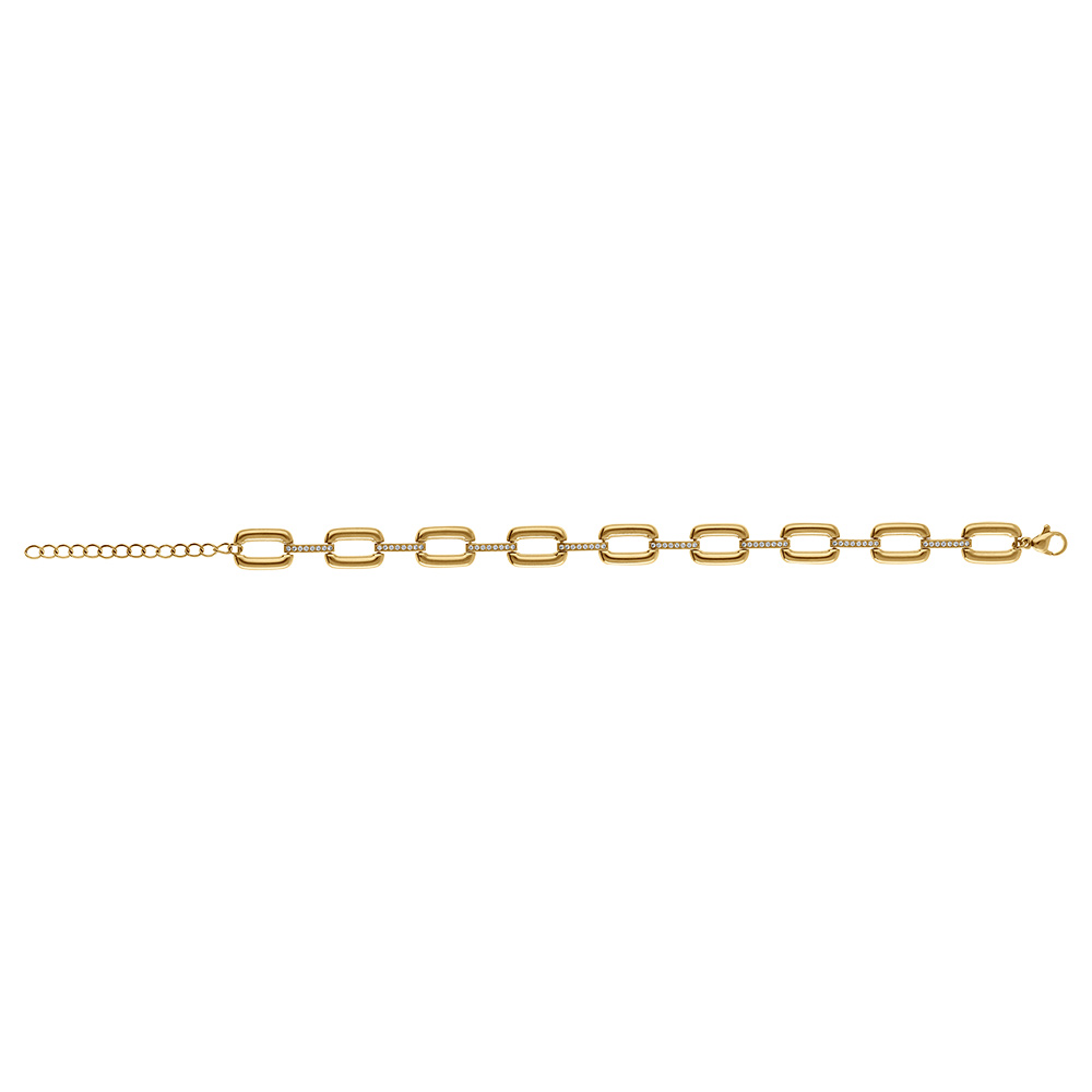 Bracelet en acier dor� maille rectangulaire et barrettes d\'oxydes blancs - 17+5cm - Vue 2