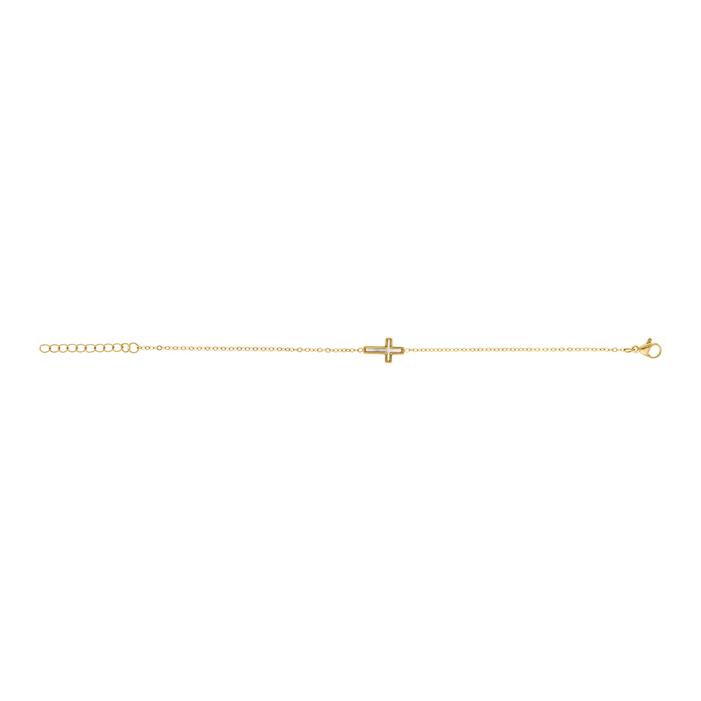 Bracelet en acier dor� croix nacre imitation - 16+3cm - Vue 2