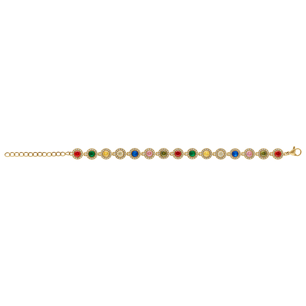 Bracelet en acier dor� d\'�l�ments ronds avec oxydes multicouleur entour�s d\' oxydes blancs -  15+5cm - Vue 2