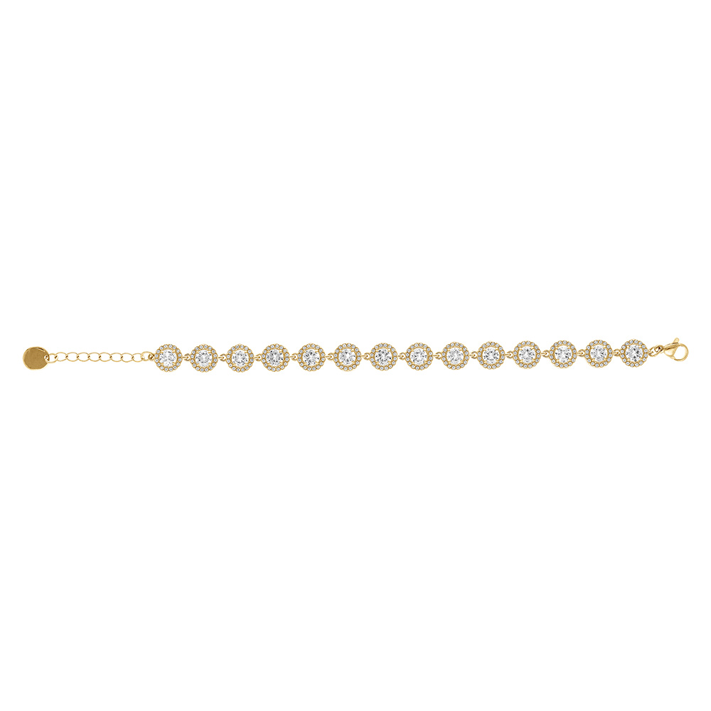 Bracelet en acier dor� 15  oxydes blancs ronds sertis avec contour d\'oxydes blancs sertis  -16+3cm - Vue 2