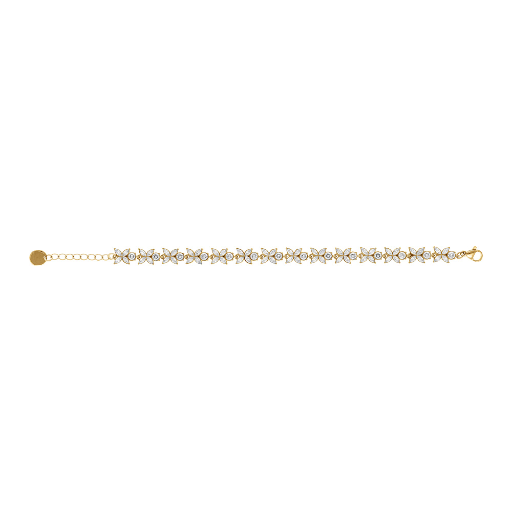 Bracelet en acier dor� multi fleurs orn�es d\'oxydes blancs sertis - 16+3cm - Vue 2