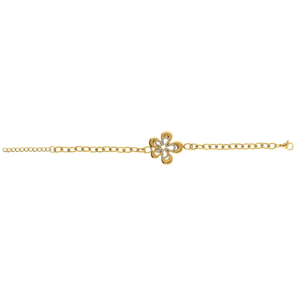 Bracelet en acier dor� fleur avec oxydes blancs - 17+3cm - Vue 2