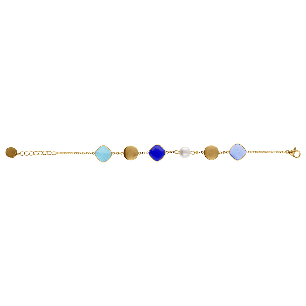 Bracelet en acier pastilles color�es carr� bleu oeil de chat et perle  blanche imitation - 16+3cm - Vue 2