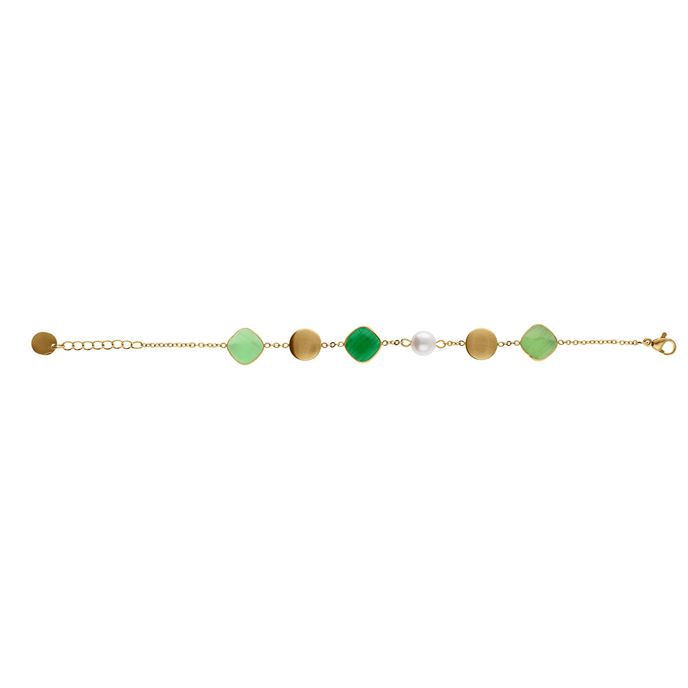 Braceleten  acier dor� pastilles dor� carr� oeil de chat vert et perle blanche imitation - 16+3cm - Vue 2