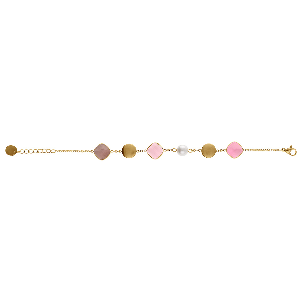 Bracelet en acier dor� pastilles color�es carr� oeil de chat rose et perle blanche imitation -  16+3cm - Vue 2