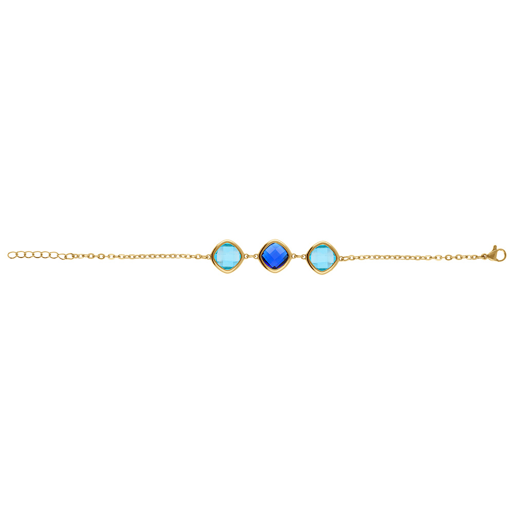 Bracelet en acier dor� avec oxydes carr�s bleu ciel et bleu fonc� - 17+2cm - Vue 2