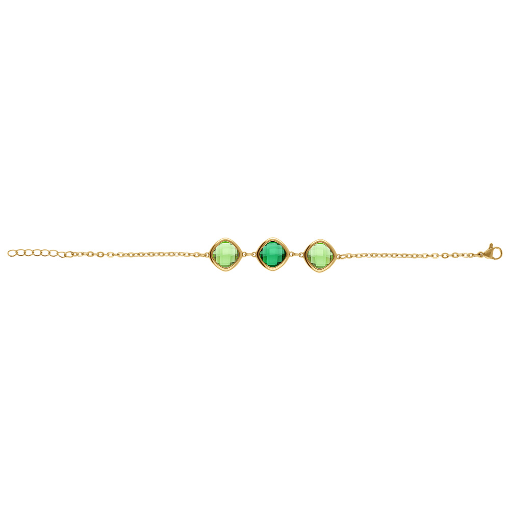 Bracelet en acier dor� avec oxydes carr�s vert fonc� et vert clair - 17+2cm - Vue 2