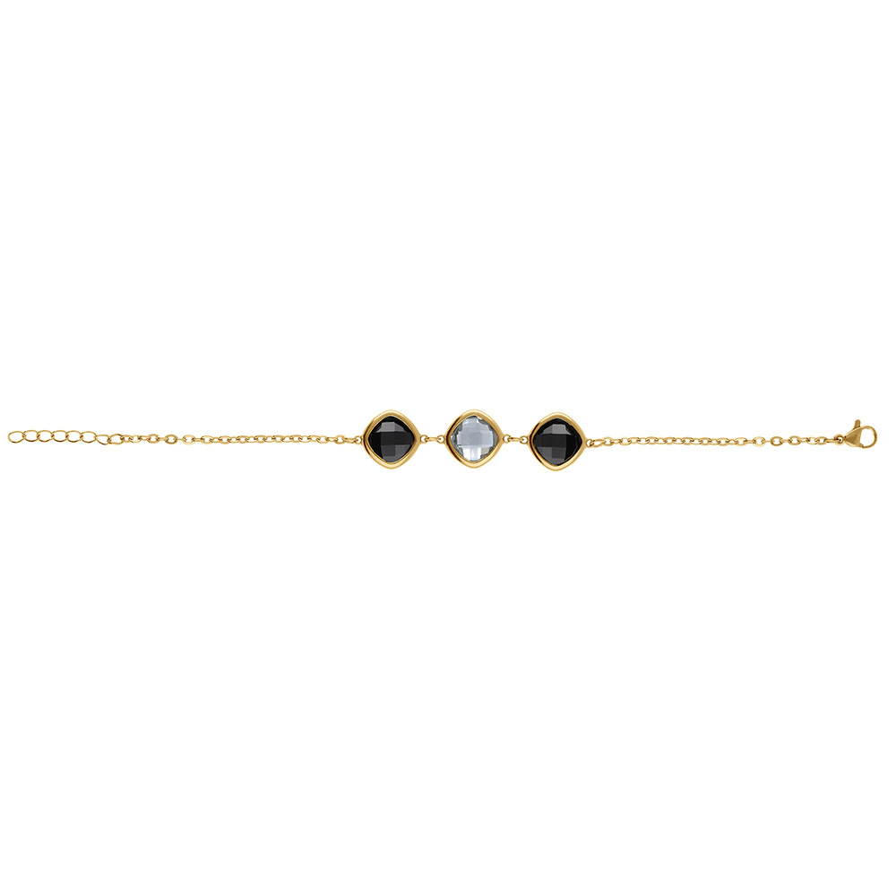 Bracelet aen cier dor� avec oxydes carr�s noirs et gris - 17+2cm - Vue 2